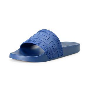 Versace Men's Navy Blue "Greca" Print Embossed Pool Slide Flip Flops Shoes